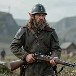 A High fantasy WW1 dwarvish soldier holding a rifle in the style of Jean Giraud detailed realistic High Resolution HD 8k