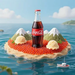 an island made of food, water from coca - cola around the island, red caviar instead of sand, hills with ice cream instead of mountains, photo taken from a boat, 3 5 mm, cinematic