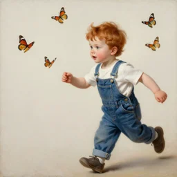 a three year old boy with ginger hair wearing denim overalls chasing butterflies. clean elegant painting, beautiful detailed face, lots of butterflies. by bouguereau and artgerm and greg rutkowski