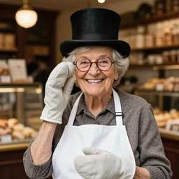 a smiling with very white teeth lovely cute granny with friendly eyes in a white french bakery apron and mitts with a top hat and monocle. dimly lit french bakery background. beautiful lighting. editorial photography