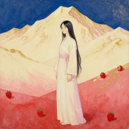 the lone priestess in the strawberry cream mountains. this gouache and gold leaf work by the award - winning mangaka has beautiful color contrasts.