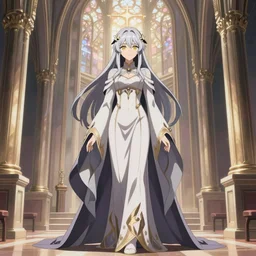 high quality anime-style image of a beautiful sorceress, wearing a long flowing robe, standing in a church, intricate, elegant