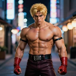 portrait photograph of an extremely beautiful!!!! m. bison from street fighter. standing on a japanese neon lit street. looking at the camera!!. super resolution. extremely detailed. graflex camera!, bokeh!!!!! trending on artstation.