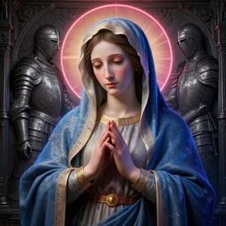 impressive portrait of the virgin mary, background engraving details in armor, artwork, octane rendering, 8 k environment,, neon, high detail, 8 k, hdr, studio, matte painting, environment, digital illustration, artstation, byshardula, by kuvshinov