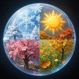 the four seasons winter ❄, summer ☀, fall 🍁🍂, spring 🌸💐, inside a magic orb, wayne barlowe, symmetrical, surreal, magic surrealism, very coherent symmetrical artwork, cinematic, hyper realism, high detail, octane render, 8 k
