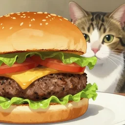 full close up image burger food, burger and a cat, in front of a cat, photo of a burger and a cat, close up, full image, food, burger, hamburger, tasty look, artstation, style of jesper ejsing, by rhads, makoto shinkai and lois van baarle, ilya kuvshinov, rossdraws