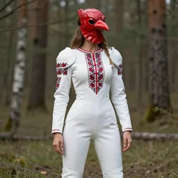 female adventurer in tight full - body white embroidered leather armor of vyshyvanka design with red accents and a red porcelain crow mask, trending in artstation, ukrainian, establishing shot