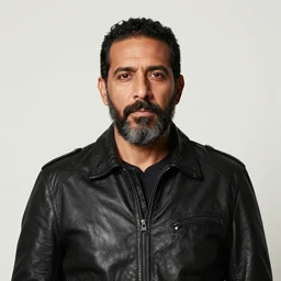 front medium portrait of a middle - aged mexican man with a beard, wearing a black leather jacket, blank background, rembrandt lighting, detailed, by kehinde wiley, kadir nelson, andrew wyeth