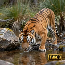 A tasmanian tiger drinking from a tranquil alpine stream in Tasmania, Australia, wildlife photography, dslr, high resolution, award winning, 8k