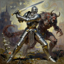 a detailed and vibrant painting inspired by beksinski and frank frazetta of a powerful paladin wearing a full metal plate armor and holding a sword fighting craven the hunter