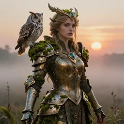 hyperdetailed portrait of beautiful queen flower moss armored girl with owl in the fog. by greg rutkowski, highly detailed portrait, digital painting, artstation, concept art, smooth, sharp foccus ilustration, artstation hq. intricate, elegant. art by wlop and artgerm and greg rutkowski and alphonse mucha, masterpiece. medium shot. sunset dramatic.