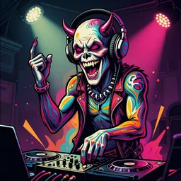 artgerm, psychedelic laughing demon, rocking out, headphones dj rave, digital artwork, r. crumb, svg vector