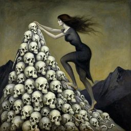 painting of a woman climbing a mountain made of skulls in the style of beksinski