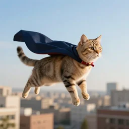 a cat with a cape flying in the city skies