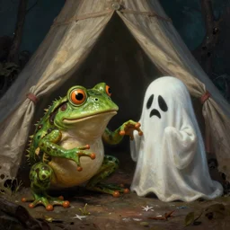 a full color still frame from a freaky live action kids tv show about a gross hairy frog and a sad dumb ghost, tickle fight in the death tent, horror vibe, grunge, despair