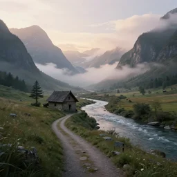 a small medieval house near a river in the middle of two mountains at sunrise, concept art, hyperrealistic, trending on artstation, high quality, highly detailed, breathtaking landscape, path traced, clouds, soft lighting, soft colors, digital art, serene landscape, 8 k hdr