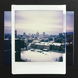 atmospheric polaroid photograph of winter city