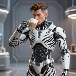 ☕, portrait of a handsome italian android male supermodels wearing zebra striped haute couture futuristic astronaut suits and drinking, huge cups of coffee in a futuristic setting, 3 d photorealistic, parts by beksinski, parts by goro fujita, parts by yue minjun