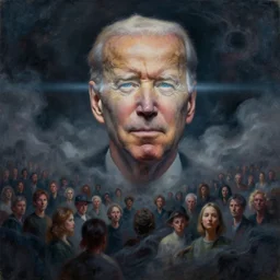 abstract obscure painting of  Joe Biden head emerging from thick dark clouds, immense crowd of varied people, cosmic horror , trending on ArtStation, masterpiece, by Greg Rutkowski, by Ross Tran, by Fenghua Zhong, octane, lightbeam eyes, soft render, clear facial features, oil on canvas, moody lighting, cinematic, professional detailed environmental concept art