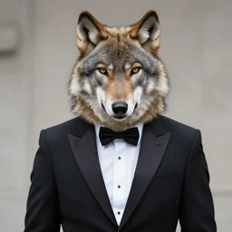 wolf man wearing a tuxedo. hyperdetailed photorealism