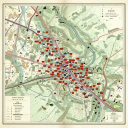of a detailed coloured old vintage map of a coal miners village, roads, mines, shops all are on map, parchment paper, cartography, illustration, fantasy, high detail, strong lighting