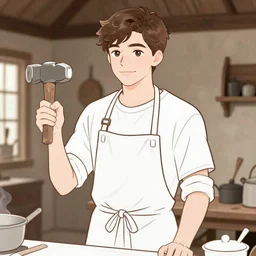 film still of youthful charlie day. he is a blacksmith, wearing apron, holding hammer well composed, clean elegant lineart, beautiful detailed face. comic book art by steve ditko and jack kirby and ( alphonse mucha ), black and white