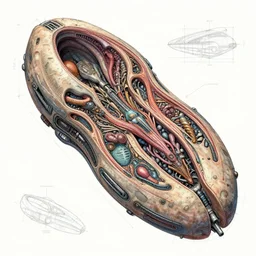 a 1 7 0 0 s bestiary of a unique biomechanical living alien spacecraft with a cross section down the middle, detailed description of certain parts and organs of the organic spacecraft, 3 d sketch, lines, measurements, colored