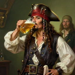 a cool looking pirate drinking a beer, illustration by mandy jurgens and william adolphe bouguereau, artgerm, 4 k, digital art, surreal, highly detailed, artstation, digital painting, concept art, smooth, sharp focus, illustration by mandy jurgens and william adolphe bouguereau