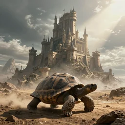 tortoise moves across harsh wasteland with sharp rays of sunlight with a large fantasy castle covering the top of the giant tortoise similar to mortal engines or howls moving castle, distant - mid - shot, fantasy, hyper detailed, realistic