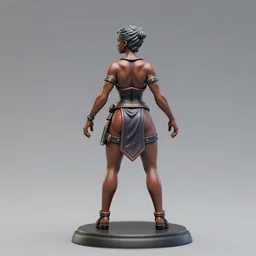 80mm resin detailed miniature of a beautiful muscular black female, clothed in worrier armor, tanned skin, skin head, beautiful bone structure, symmetrical facial features, Product Introduction Photos, 4K, Full body, view from behind