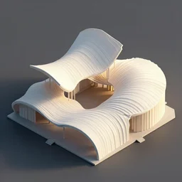 construction of furry sculptural pleated curved roof planes lift and descend creating shade and architectural expression, 3 d top view axonometric, dramatic surrealist form, morning light, lightweight structures, isometric