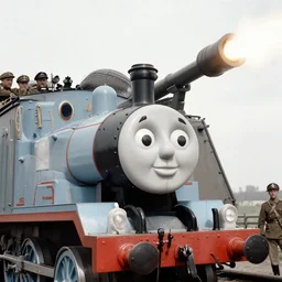 WW2 era photograph, the face of Thomas the tank engine on a 800mm German super-heavy-mortar with a huge gun barrel shooting, there are german soldiers on the roof