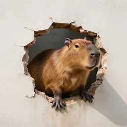 capybara breaking through a wall, huge hole!!!! in the wall, photograph
