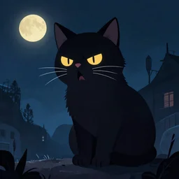 ominous cat purring in the night, in the style of night vale, digital illustration, procreate