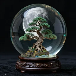 a moon and a bonzai inside a beautiful intricate glassball, by georges melies, by annie liebovitz, colored - n 4