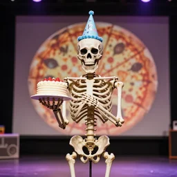 portrait photo still of skeleton holding a small cake, wearing a birthday hat, on stage at showbiz pizza, 8 k, 8 5 mm f 1. 8