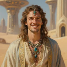 closeup portrait of a happy man with exotic jewellery, wearing flowing robes, in a futuristic desert palace, bokeh, painting by greg rutkowski and krenz cushart