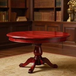 artistic magical beautiful red - oak table with blurred out old fashioned magical stylisth rich library in the background, warmly - lit stylish