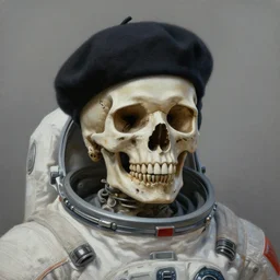 an artistic painting shows a skull wearing a space suit and a beret, cinematic, 8 k, realism, 4 k resolution, render