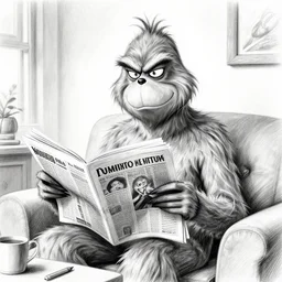 black and white skech portrait from the grinch sits in a living room while he reads the newspaper, pencil sketch