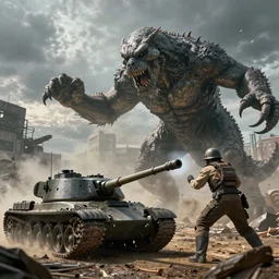 a tank fights a monster twice its size, Highly detailed, Cinematic. Balanced. 4k, Realistic, detailed.