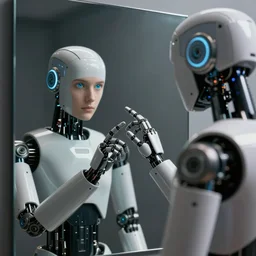 humanoid robot using a mirror, human reflection touching the robot's finger through the mirror, dramatic, cinematic, ultra - detailed, 8 k,