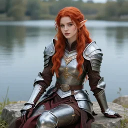beautiful female redhead elf warrior wearing armor, sitting next to a beautiful lake with ducks and swans at sunset, enjoying the wind, looking at the water. 8k ultra realistic, award winning, unreal engine 5, masterpiece, atmosphere glow, hyperrealistic, focused, extreme details, cinematic