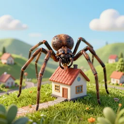 a spider eating a small house, hill, suburbs, 3 d render, octane, ray tracing, ultra high resolution, ultra detailed, photorealistic, 8 k