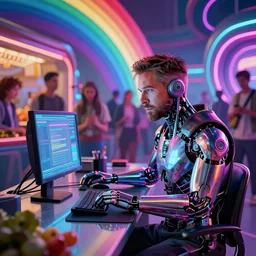 cyberpunk ryan gosling cyborg working on cyberpunk computer in cyberpunk farmers market by william barlowe and pascal blanche and tom bagshaw and elsa beskow and enki bilal and franklin booth, neon rainbow vivid colors smooth, liquid, curves, very fine high detail 3 5 mm lens photo 8 k resolution