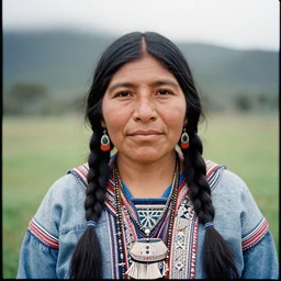 A color analog 35mm film portrait photography of a Selknam woman. detailed. hq. realistic.