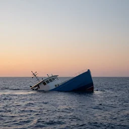a boat sinking at sunset in the middle of the ocean