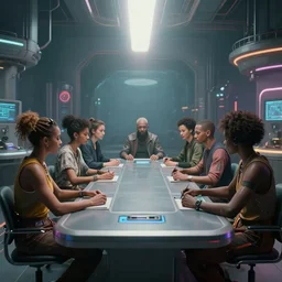 a group of people sitting around an operating table, cyberpunk art by filip hodas, cgsociety, afrofuturism, artstation hq, reimagined by industrial light and magic, anamorphic lens flare