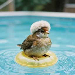 a kiwi bird with a wooly hat sitting on a float in a pool, 35mm photograph