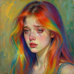 a young woman with beautiful rainbow hair. she looks very sad, crying. beautiful painting by artgerm and greg rutkowski and alphonse mucha